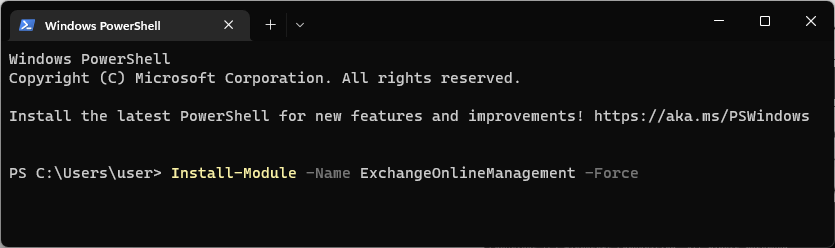 WindowsTerminal - ติดตั้งโมดูล - ชื่อ ExchangeOnlineManagement - บังคับให้เชื่อมต่อเพื่อแลกเปลี่ยน PowerShell ออนไลน์