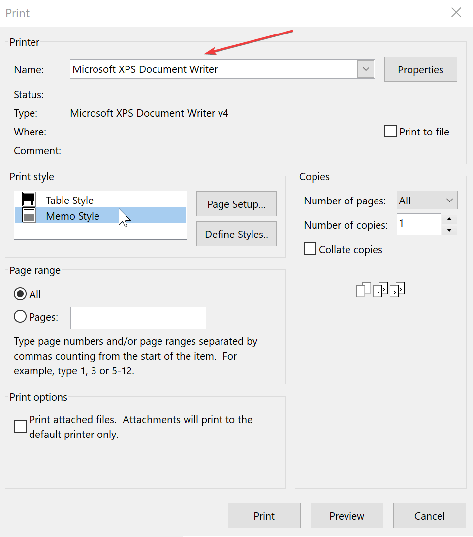 تعيين الطابعة الافتراضية Microsoft xps لن يقوم كاتب مستندات Outlook بطباعة البريد الإلكتروني بالكامل