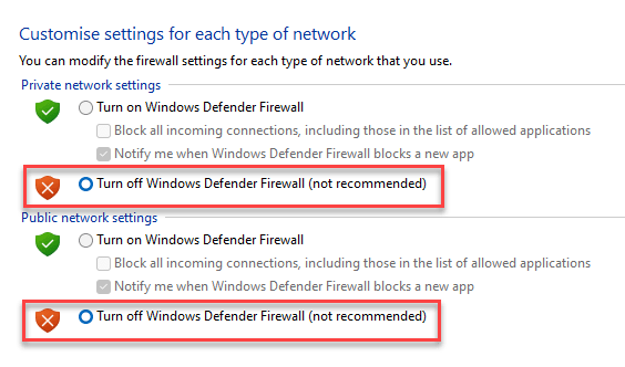 تخصيص الإعدادات إعدادات الشبكة الخاصة تشغيل جدار حماية Windows Defender أو إيقاف تشغيل إعدادات الشبكة العامة ، قم بتشغيل جدار حماية Windows Defender أو إيقاف تشغيله حسنًا دقيقة