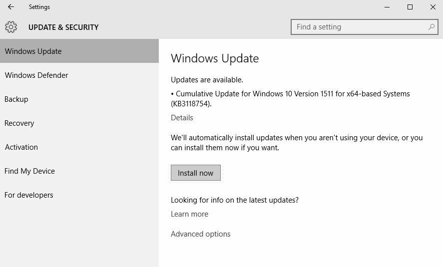 Windows 10 버전 1511 문제를 해결하기 위해 릴리스 된 KB3118754 업데이트