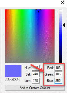 MS Paint ، قم بتحرير الألوان ، لاحظ قيم الأحمر والأخضر والأزرق