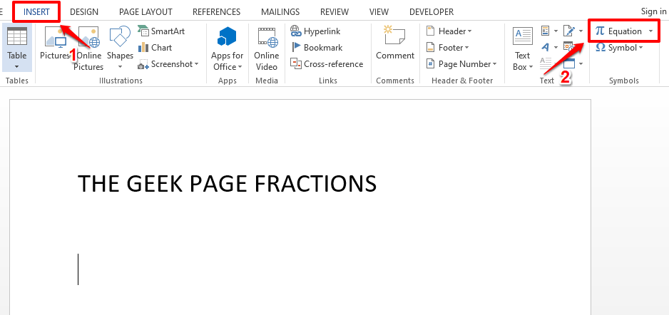 Hvordan man skriver brøker i Microsoft word