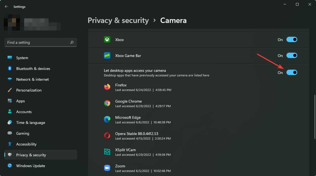 abilitazione dell'app desktop di accesso alla fotocamera Windows 11