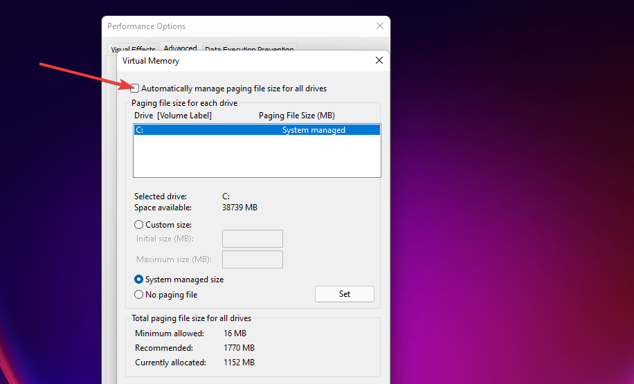 Windows 11 izvēles rūtiņa Automātiski pārvaldīt peidžeru faila lielumu visiem diskdziņiem