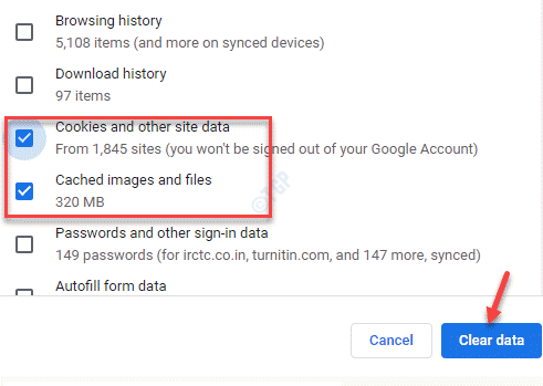 Borrar cookies de datos de navegación y otros datos del sitio Imágenes y archivos almacenados en caché Seleccionar