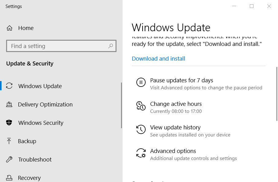 La pestaña de actualización de Windows corrige el error 0x800700d8 en Windows 10