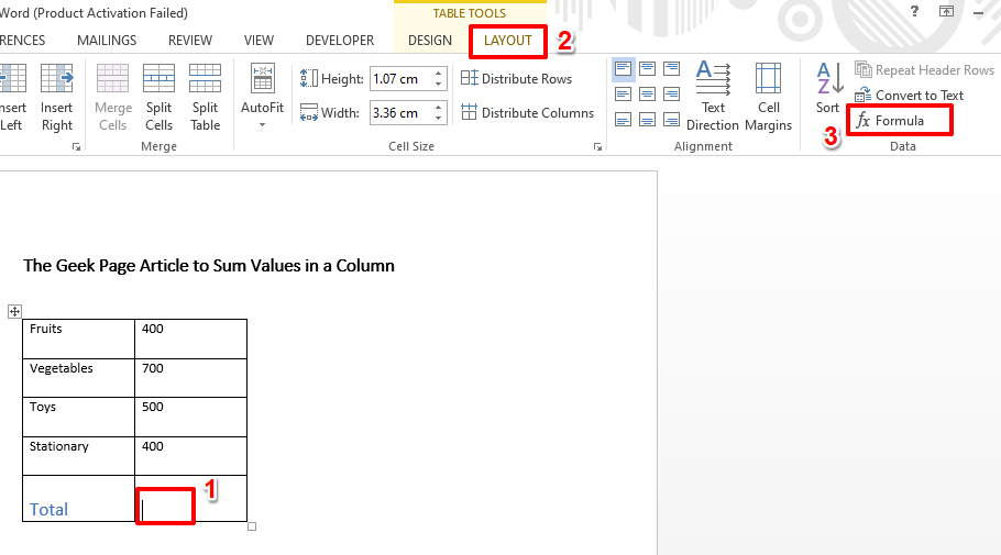 MicrosoftWordの列の値を合計する方法