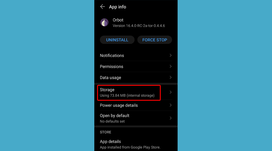 Android lietotnes informācija parāda Orbot krātuvi