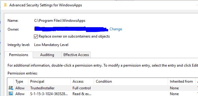 розширені параметри безпеки папки windowsapps