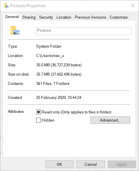 okno lastnosti Napaka 0x80071771 v sistemu Windows 10