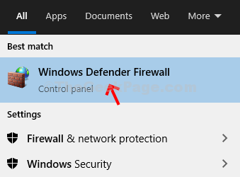مربع بحث رمز Windows ، فتح جدار حماية Windows Defender
