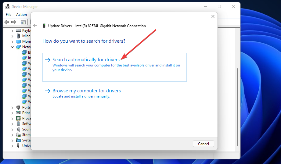Automātiski meklēt draiveru opciju Windows 11 mobilais tīklājs nedarbojas