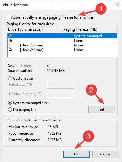 Gerenciar automaticamente arquivos de paginação para todas as unidades