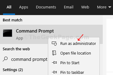 Klik på Windows-ikon, skriv kommandoprompt, højreklik og klik på Kør som administrator