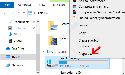File Explorer Права сторона C Drive Властивості клацання правою кнопкою миші