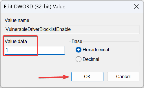 ändra värdedata för att fixa Microsoft Vulnerable Driver Blocklist