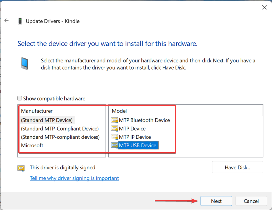 Selecione o driver MTP para corrigir o Windows 11 não reconhecendo o Kindle