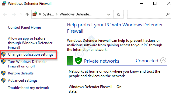 Kontrolpanel Windows Defender Firewall Skift meddelelsesindstillinger