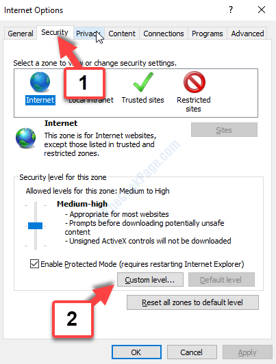 Benutzerdefinierte Sicherheitsstufe für Internetoptionen