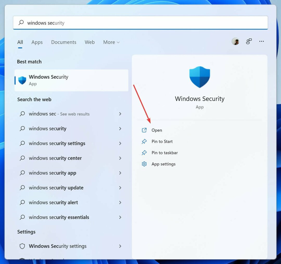 Използване на менюто " Старт" за търсене на Windows Security 