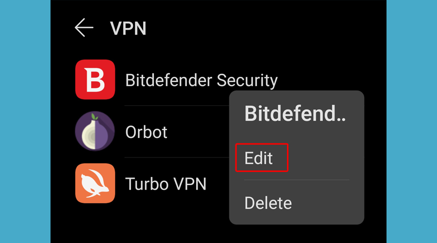 Android, düzenleme VPN'i gösterir
