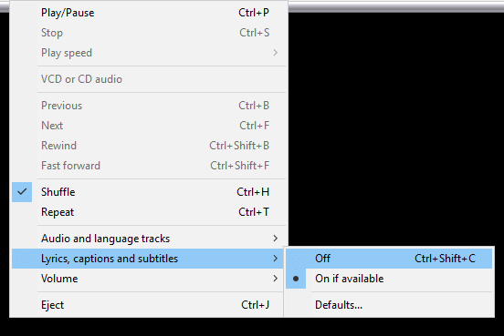 Sõnade, subtiitrite ja subtiitrite alammenüü Windows Media Player ei saa subtiitreid laadida