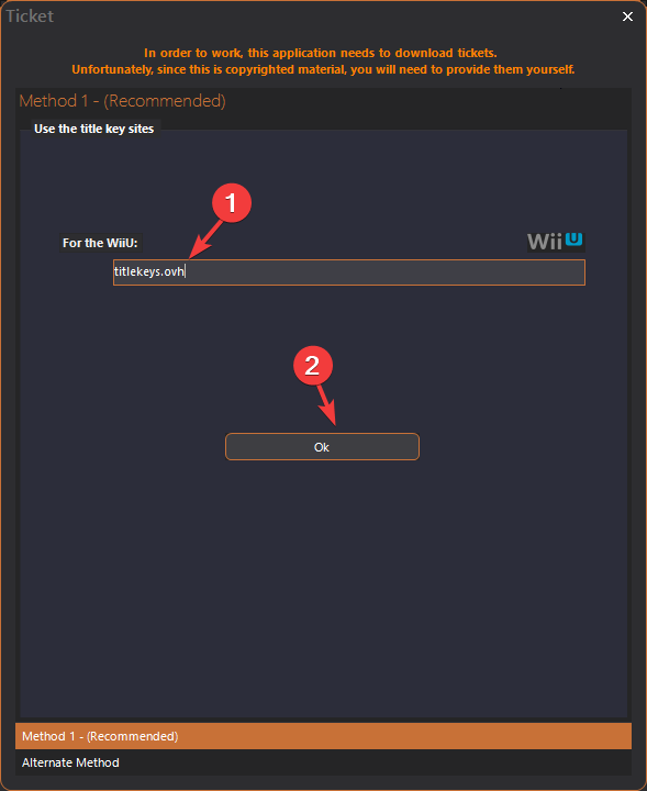 WiiU seçeneği için bu komutu girin ve Tamam'a tıklayın: titlekeys.ovh