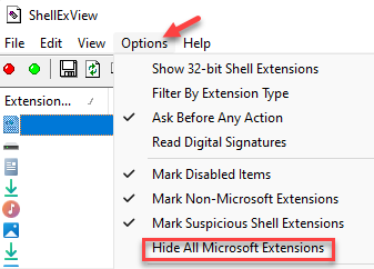 „Shellexview“ parinktys Slėpti visus „Microsoft“ plėtinius
