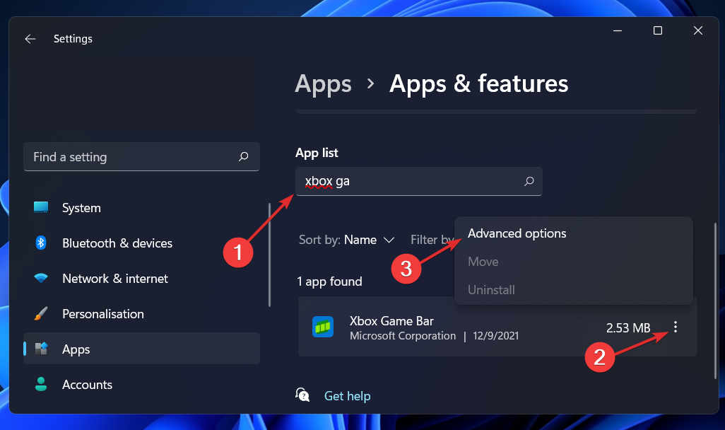 xboxgamebar-advanced-options desinstallige Xboxi mänguriba Windows 11