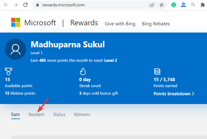 Pilih tab Redeem di Microsoft Rewards