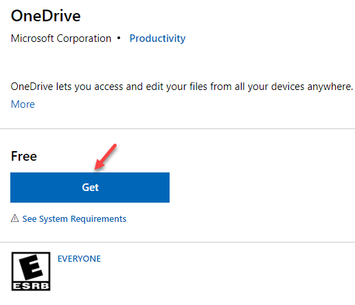 Microsofti ametlik Onedrive'i leht