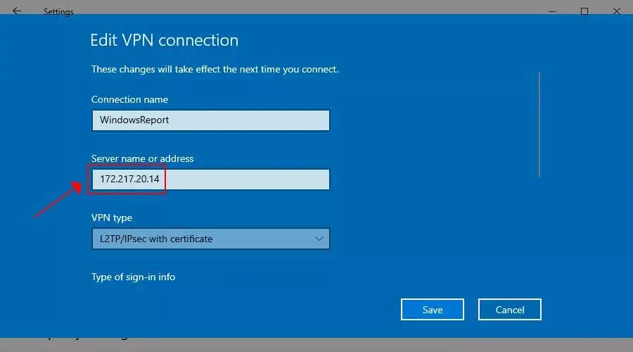 controlla il nome o l'indirizzo del server VPN L2TP su Windows 10