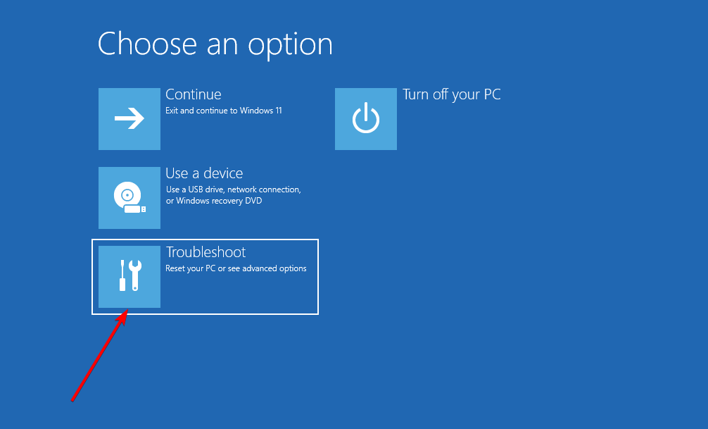 აირჩიეთ Troubleshoot Windows 11 შეცდომის აღდგენის გამოსასწორებლად