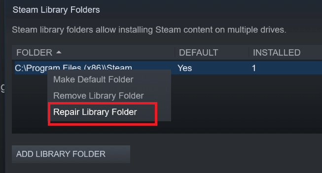 Folder biblioteki napraw Steam