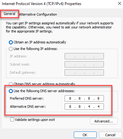 Interneti -protokolli versioon 4 Atribuudid Üldine Eelistatud DNS -server Alternatiivne DNS -server