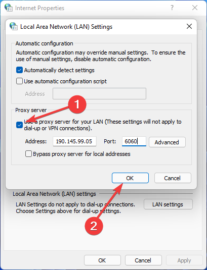 Hapus centang Gunakan server proxy untuk LAN Anda