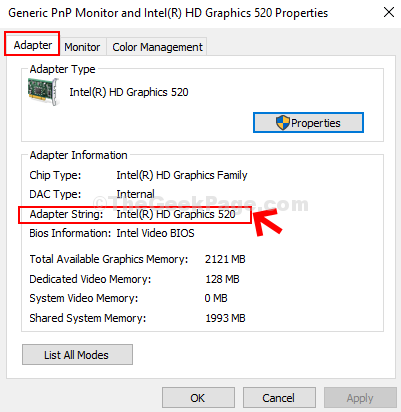 Dialoglodziņa Adapter cilnes adaptera virkne Intel (r) Hd Graphics 520