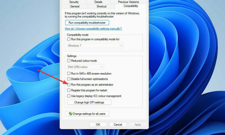 La casilla de verificación Ejecutar este programa como administrador Orza Horizon 5 Windows 11 se bloquea