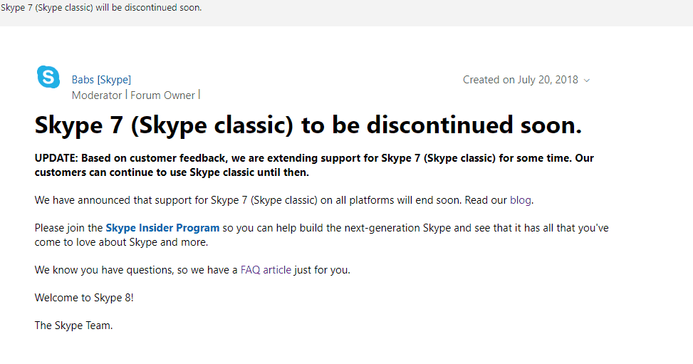 Microsoft verandert van gedachten, breidt Skype 7-ondersteuning uit