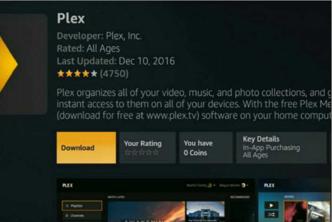 Stránka na stiahnutie aplikácie Plex Fire Stick stream z počítača do firmy
