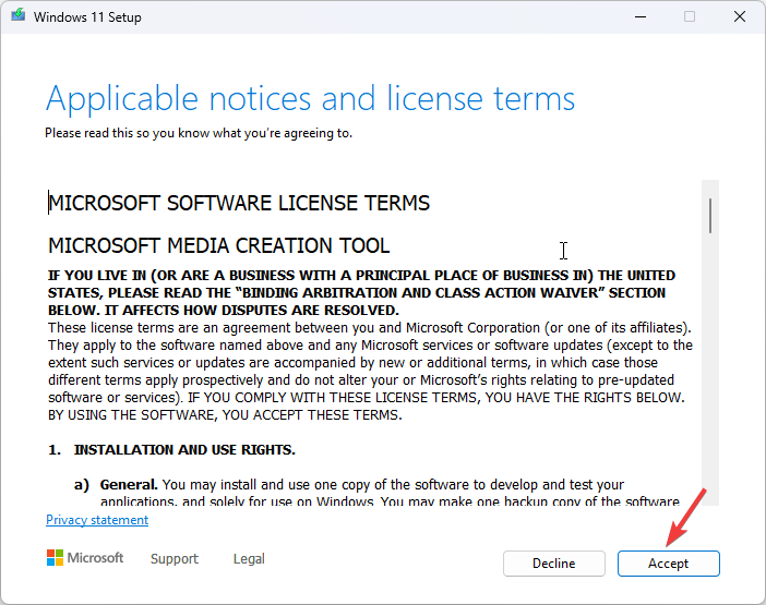 Hyväksy Windows 11:n asennusvaihe 1