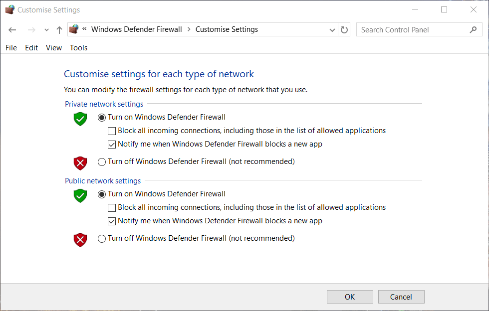 Lülitage Windows Defenderi tulemüüri valikud välja. Fortnite on kinni jäänud, oodake