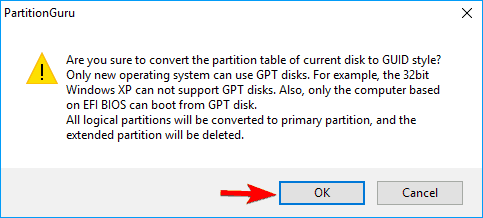 Partitionguru converte mbr in finitura gpt