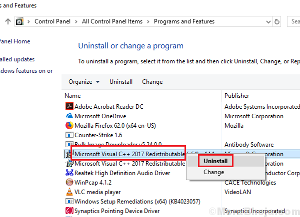 ถอนการติดตั้ง Microsoft Reditributable