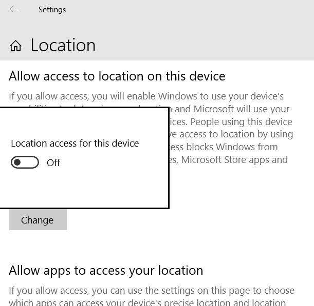 Přístup k poloze pro toto zařízení možnost, jak zobrazit odstín Windows 10