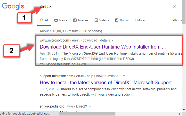 Google SearchDirectxリンクをクリック