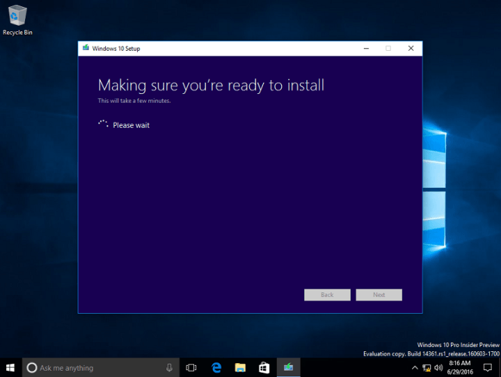 Sistema di controllo finale dell'installazione di Windows 10 pronto