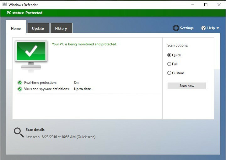Windows Defender 자동 검사가 1 주년 업데이트에서 작동하지 않습니다.