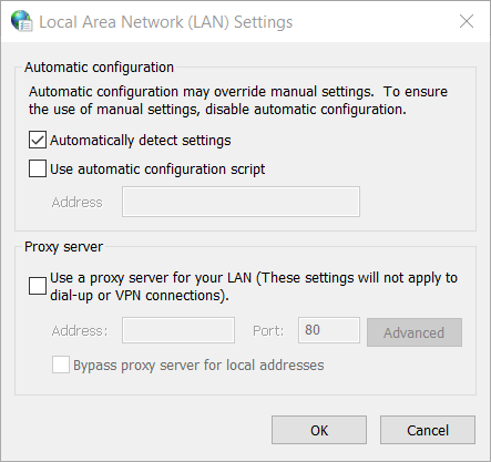 Прозорец за LAN настройки, до който нямате разрешение за достъп до този сървър