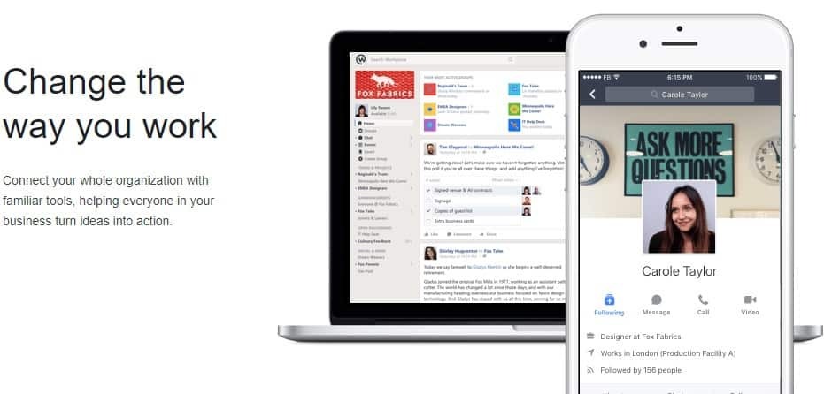 אפליקציית שיתוף הפעולה של פייסבוק ב- Workplace Chat זמינה עבור Windows 10